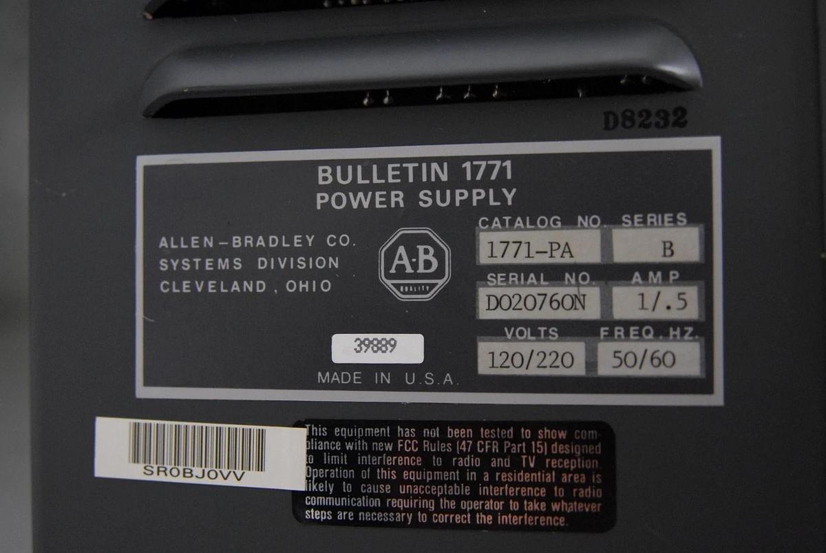 Used Allen-Bradley 1771-PA Power Supply W/ 1771-AB I/O Chassis