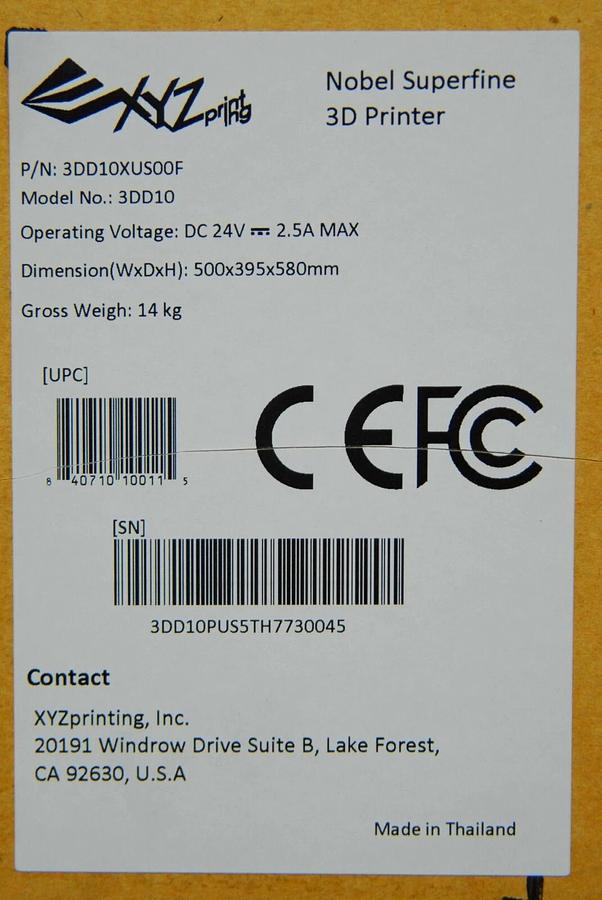 Used XYZPrinting 3DD10 Nobel Superfine Resin 3D Printer