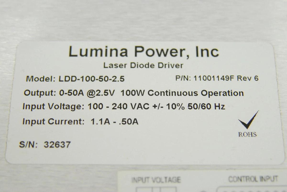 Used Lumina LDD-100-50-2.5 11001149F Laser Diode Driver Power Supply 0-50A 2.5V 100W