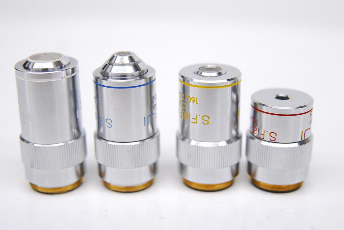 Used Meiji S.FlatField Microscope Objective Lens Set - 4x/10x/40x/100x 160/0.17 RMS