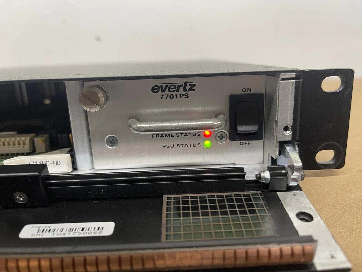 Used Evertz 7701 1RU Multiframe /W 7711UC-HD, 7760CCM-HD, 7736CD2-A4 Cards