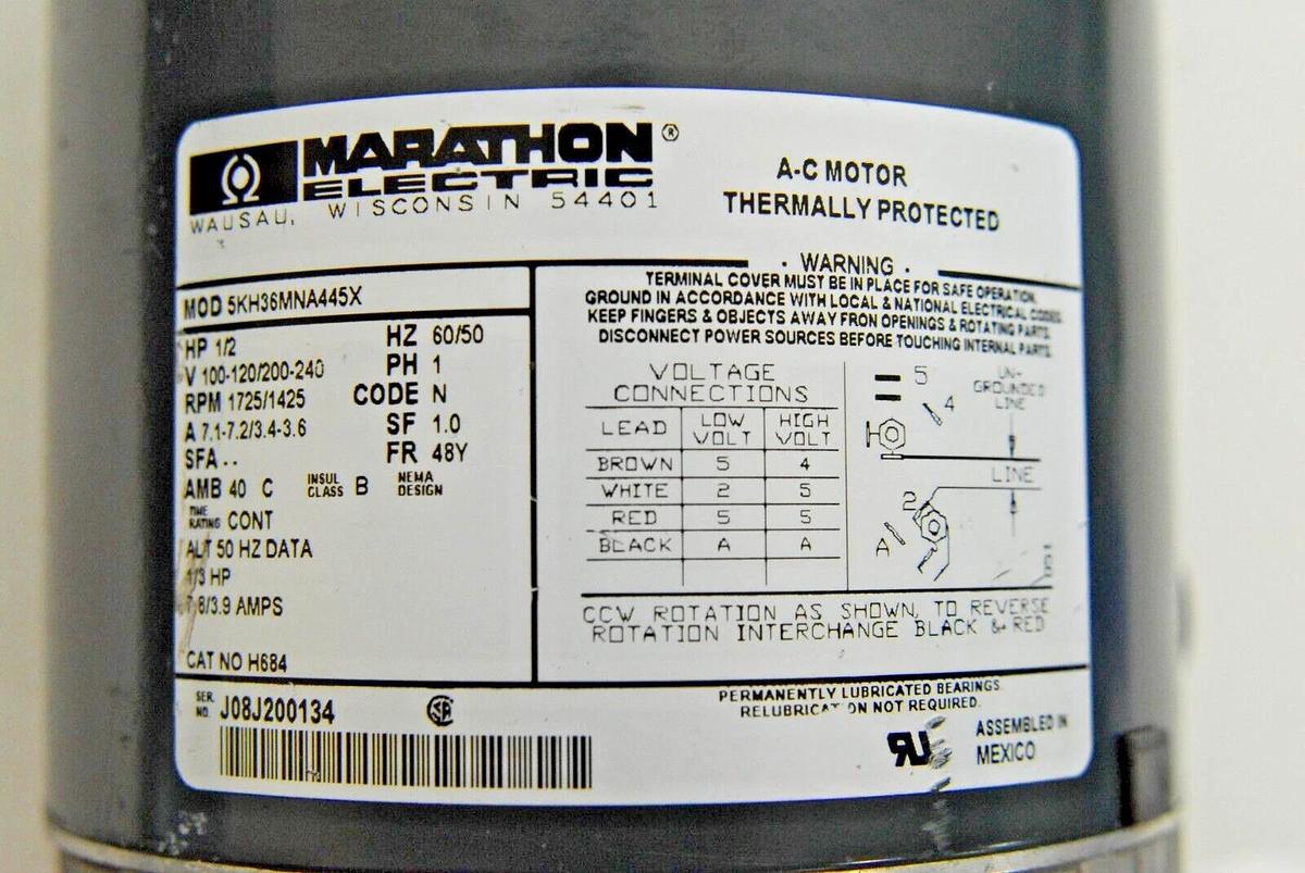 Used Marathon Electric H684 5KH36MNA445AX Motor 1/2 HP 1725 Rpm 100-120/200-240 V 48Y