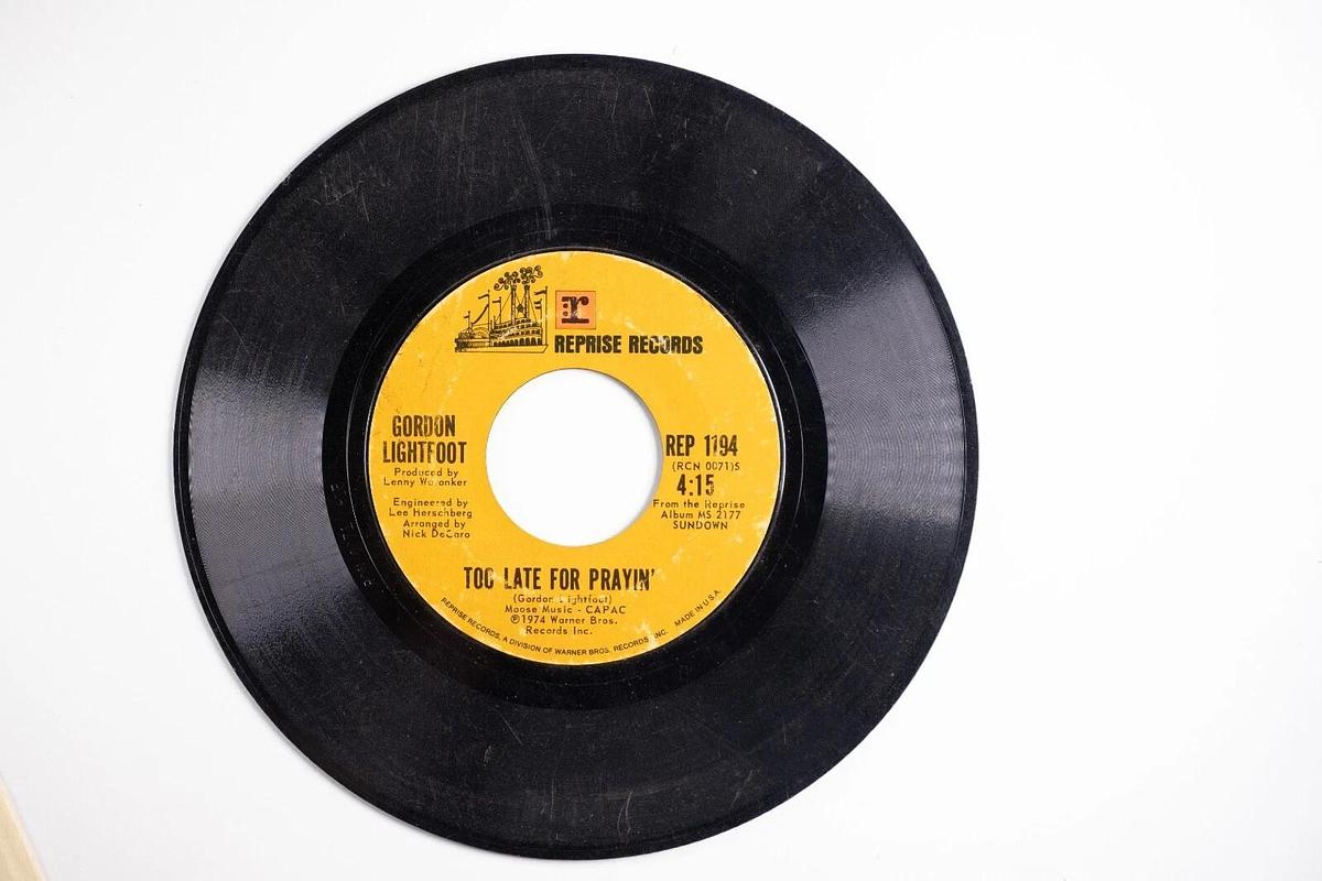 Used Gordon Lightfoot Sundown, Too Late For Prayin'' 45 Record