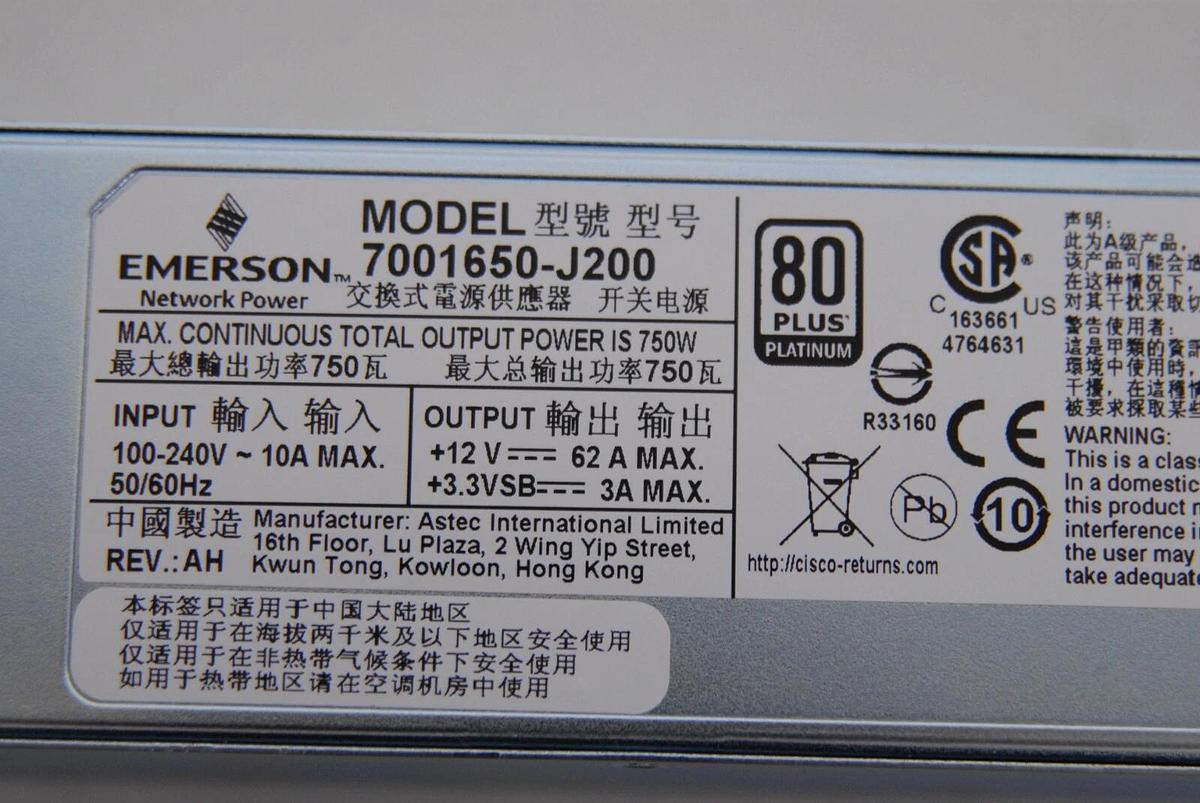 Used Cisco 341-0506-01 / Emerson 7001650-J200 750W 80 Plus Platinum Power Supply