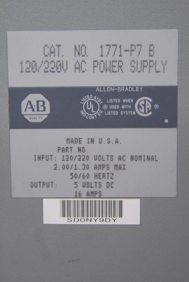 Used Allen-Bradley 1771-P7 B AC Power Supply (120/220V, 16 Amp) W/ 1771-CP1 Cable