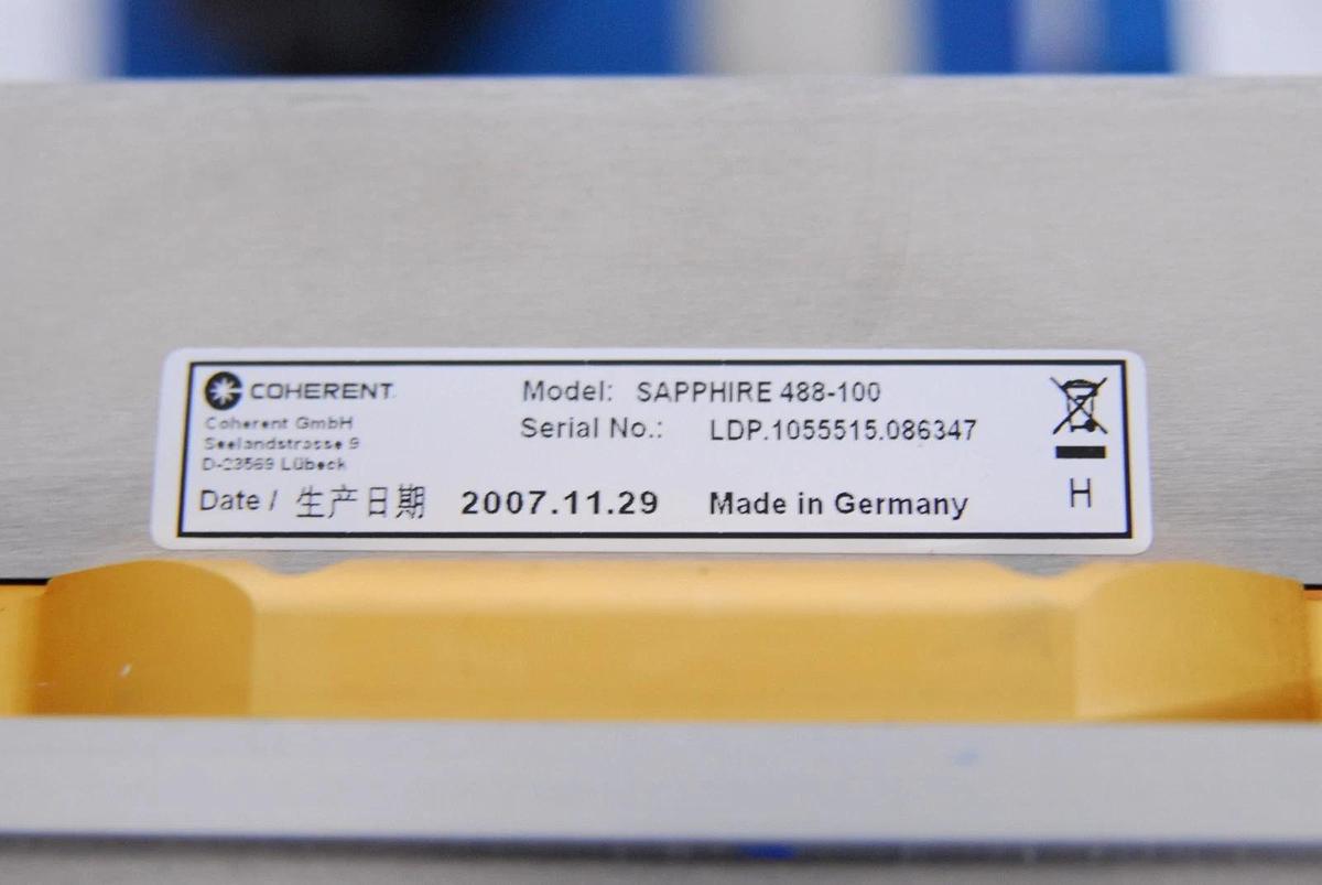 Used Coherent SAPPHIRE 488-100 488nm Laser W/ 1092551 CPU BD/Power Supply/Head Cable