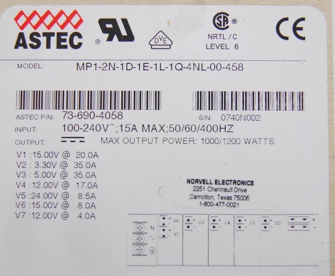 Used Astec MP1-2N-1D-1E-1L-1Q-4NL-00-458 MVP 1200W Power Supply Module - BD FACSAria