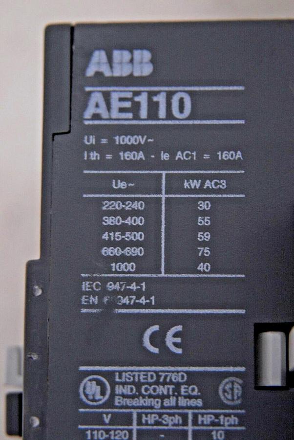 Used ABB AE110-30 Non-Reversing Three Phase Contactor W/ ABB CCL5-01 Auxiliary