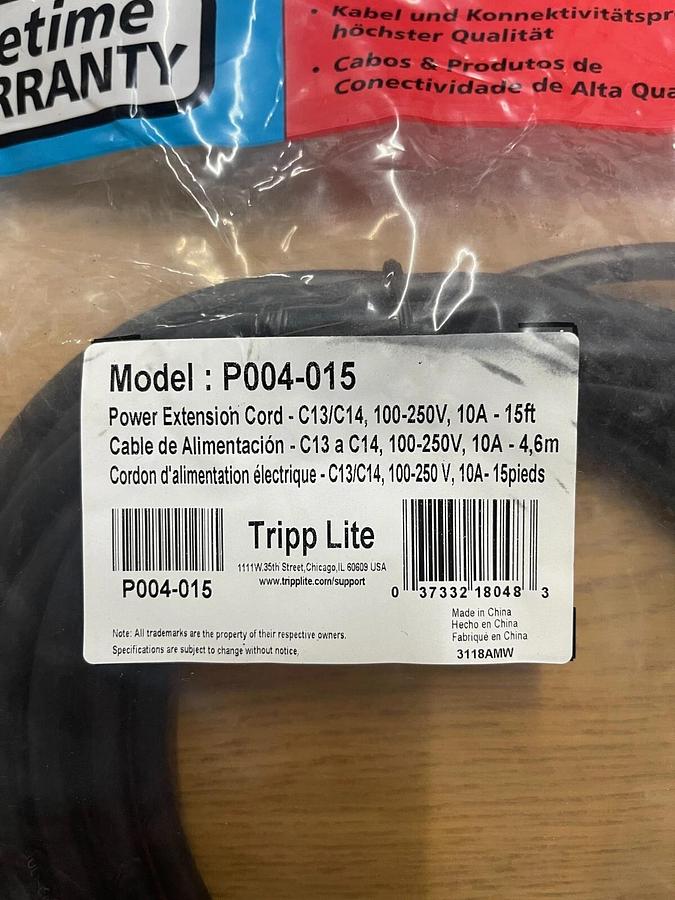 Used Tripp Lite P004-015 POWER EXTENSION CORD C13/C14 100-250V 10A 15'