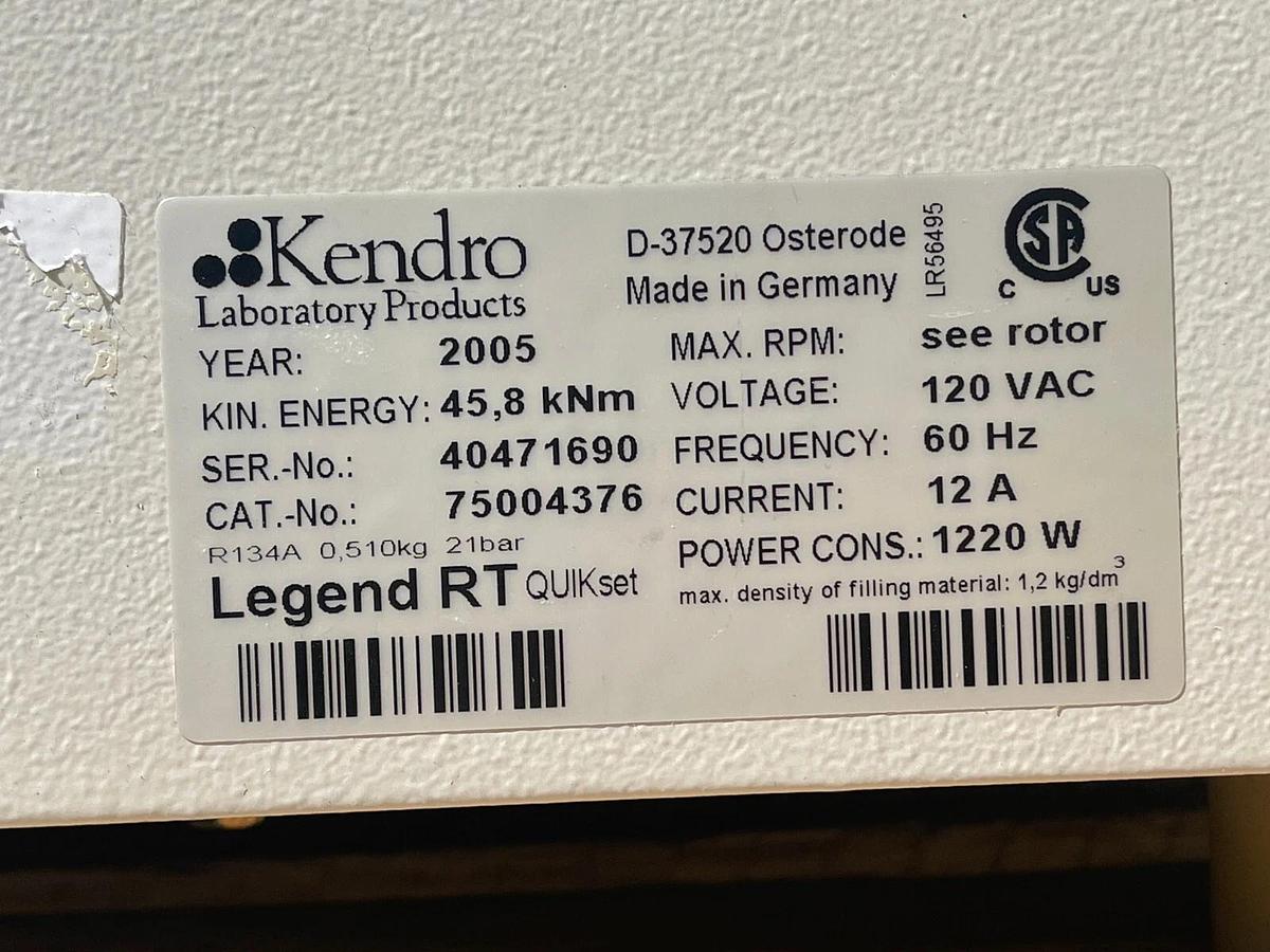 Used Kendro Sorvall Legend RT 75004376 Refrigerated Benchtop Centrifuge