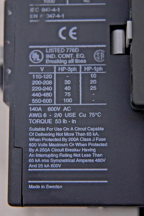 Used ABB AE110-30 Non-Reversing Three Phase Contactor W/ ABB CCL5-01 Auxiliary