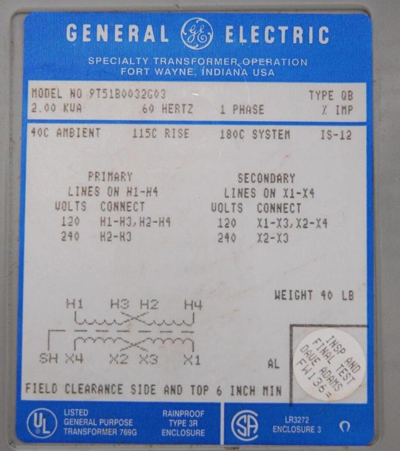 Used General Electric 9T51B0032G03 Transformer 120/240VAC 2KVA 1PH 60Hz IS-12