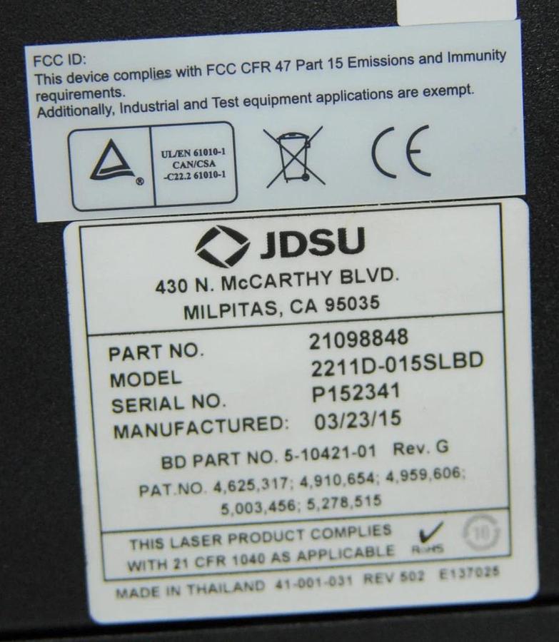 Used JDSU 2211D-015SLBD Air-Cooled Argon Laser W/ Martek 9450-08 Power Supply