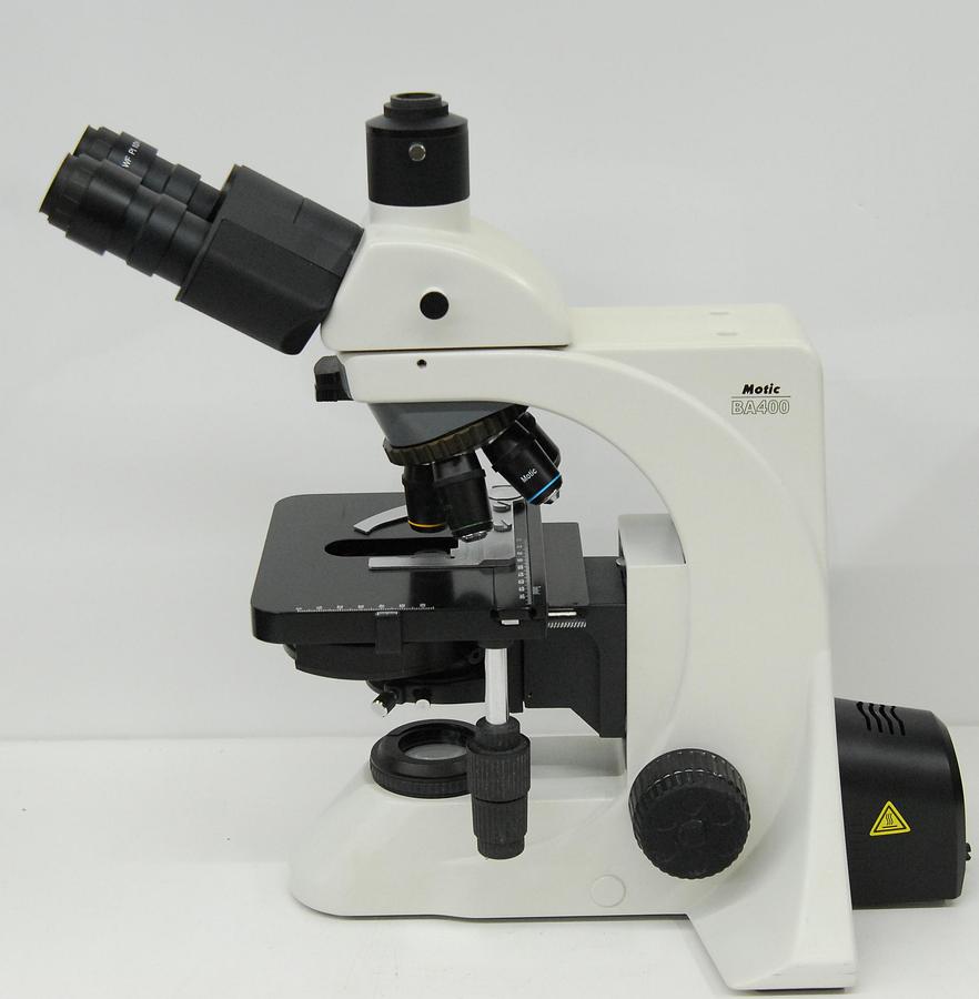 Used Motic BA400 Trinocular Phase Contrast Microscope W/ Plan 10/20/40/100 Objectives