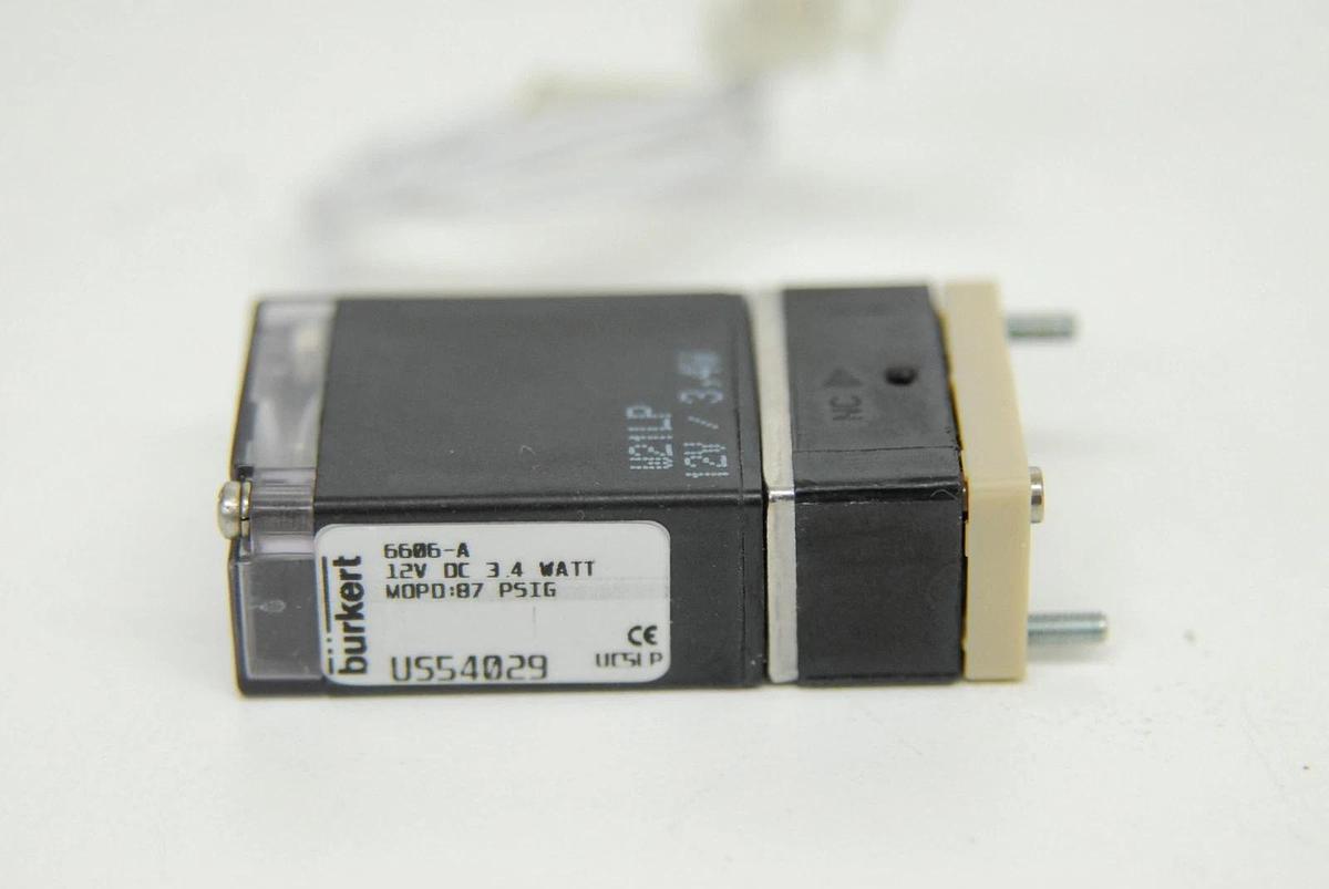 Used Burkert 6606-A Direct-Acting Rocker Solenoid Valve (12 VDC, 3.4 W, 87 PSIG)
