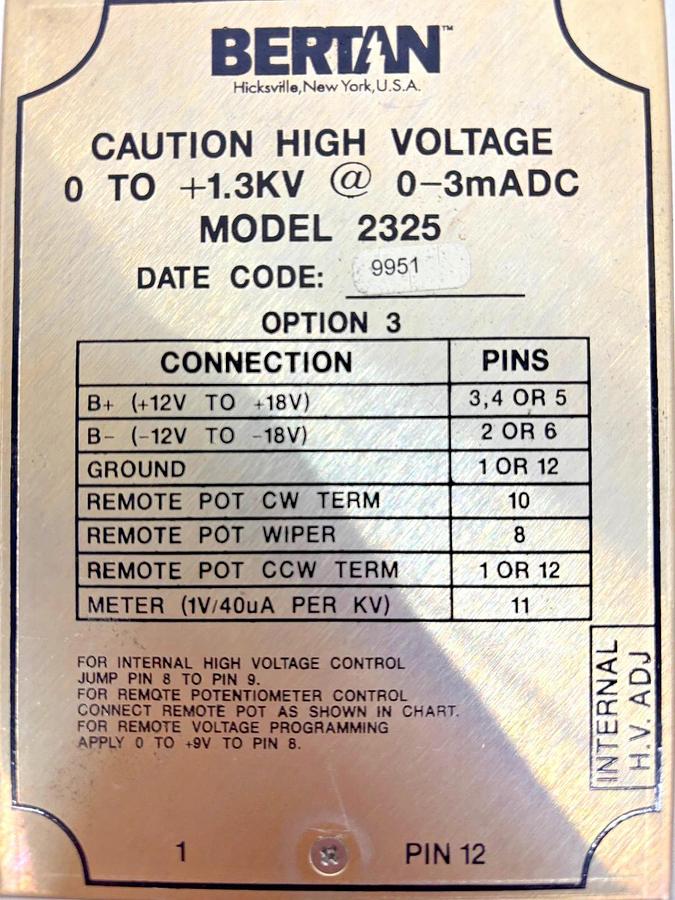 Used Bertan High Voltage Power Supply 2325