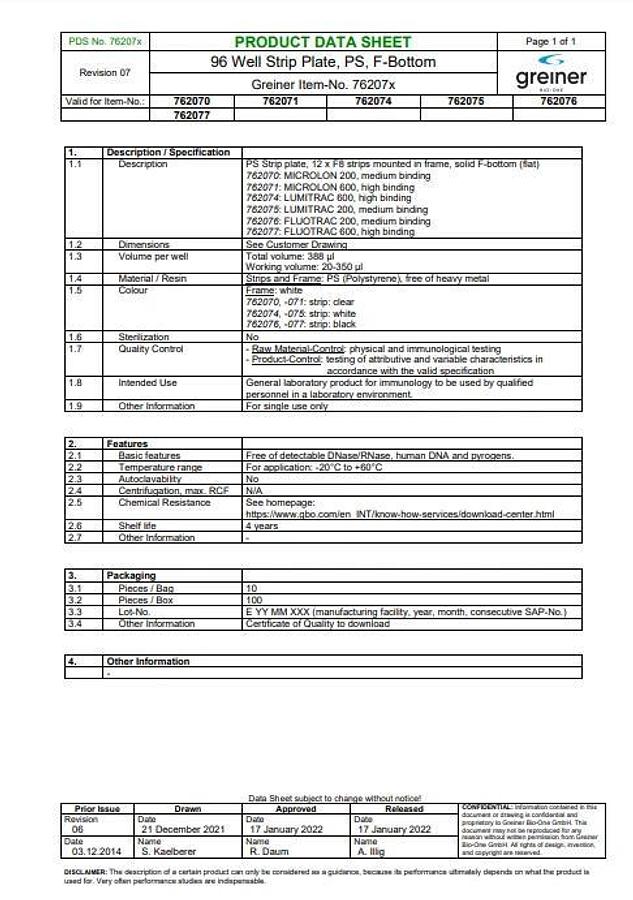 Used Greiner 762071 Strip Plate 12xF8 PS F-BOTTOM CLEAR MICROLON HIGH BINDING 100ct