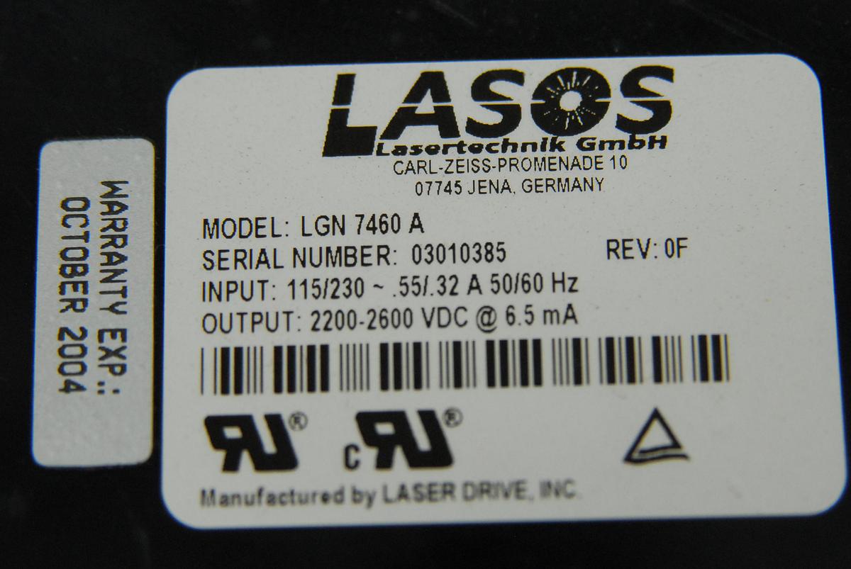Used Lasos LGK 7786 P He-Ne 543nm Laser Tube Head (Green) w/ LGN 7460 A Power Supply