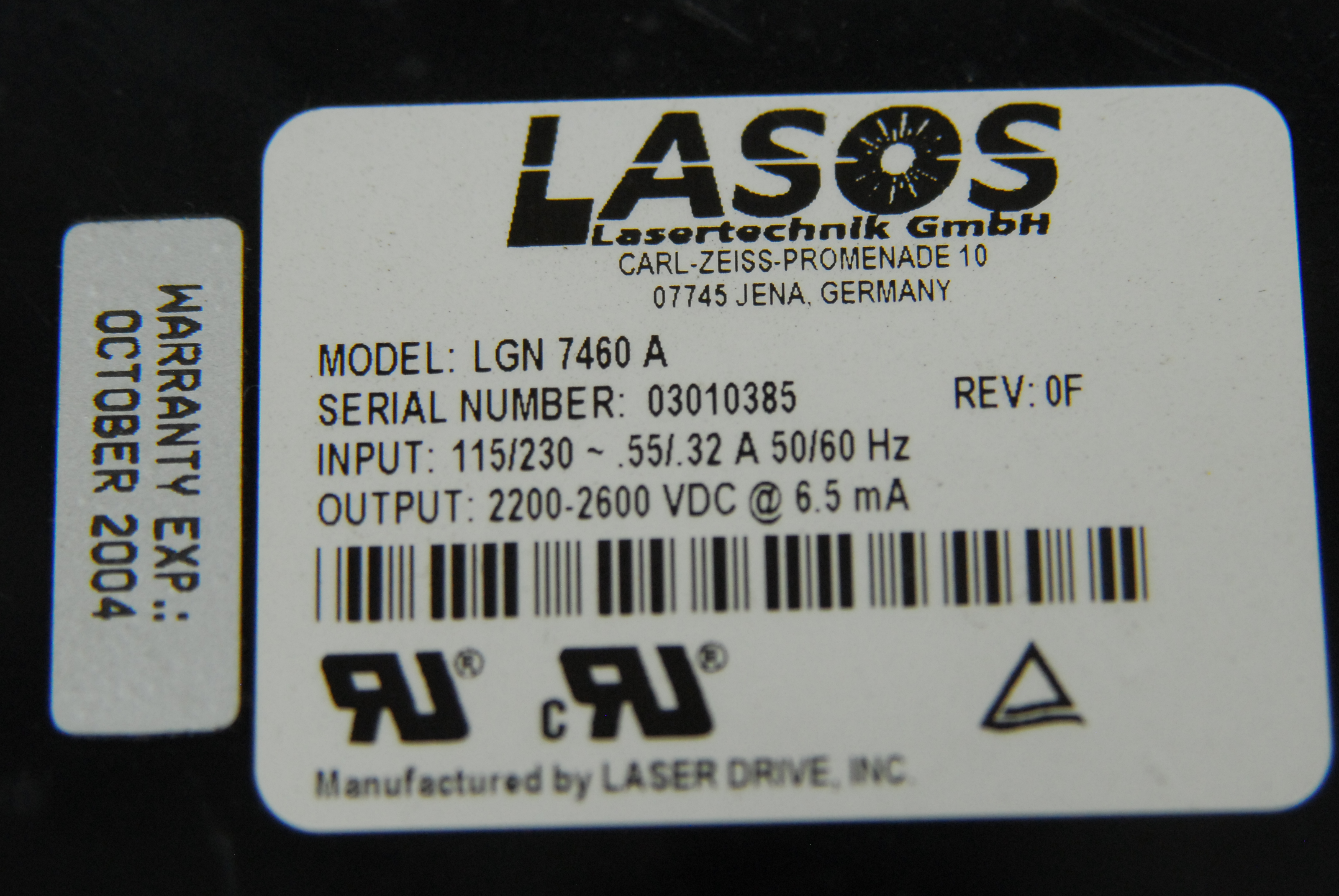 Used Lasos LGK 7786 P He-Ne 543nm Laser Tube Head (Green) w/ LGN 7460 A Power Supply