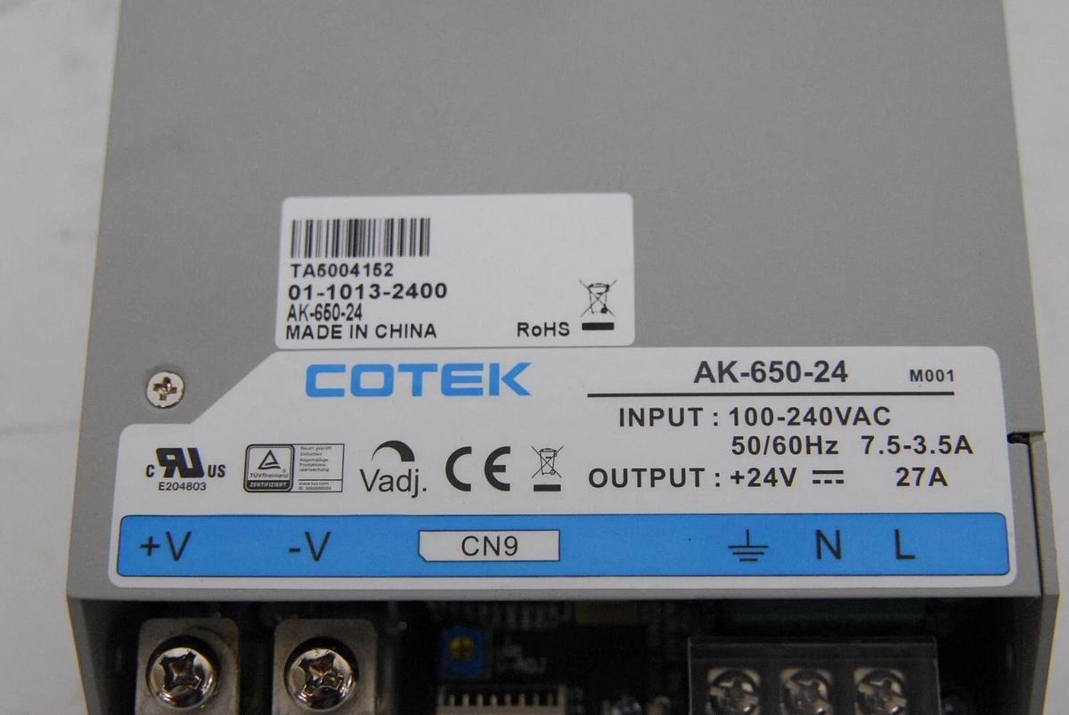 Used Cotek AK-650-24 Tecan 30059919 Power Supply 24V 27A (OrthoVision Analyzer)