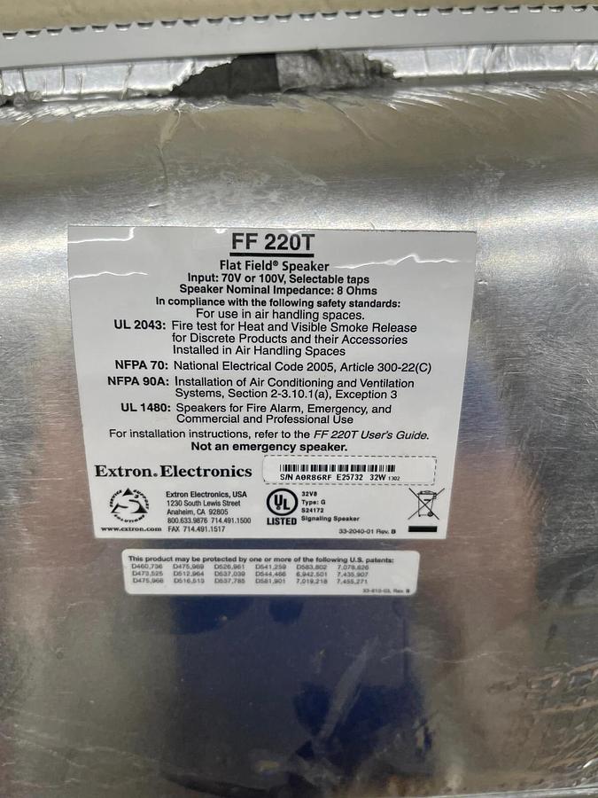 Used Extron Full-Range FF 220T Flat Field Speaker, 2x2 ceiling panel drop-in