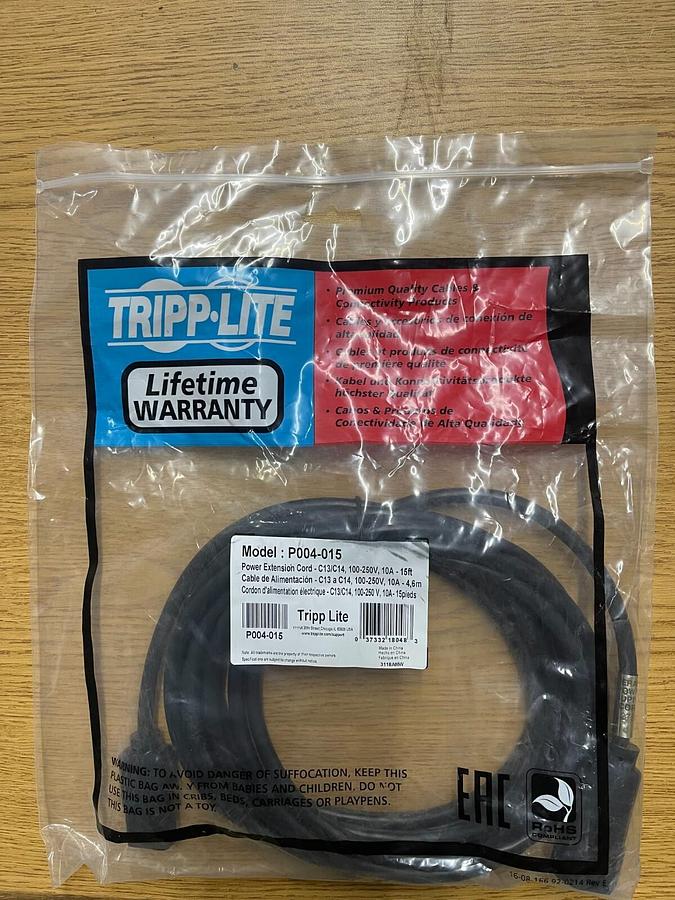 Used Tripp Lite P004-015 POWER EXTENSION CORD C13/C14 100-250V 10A 15'