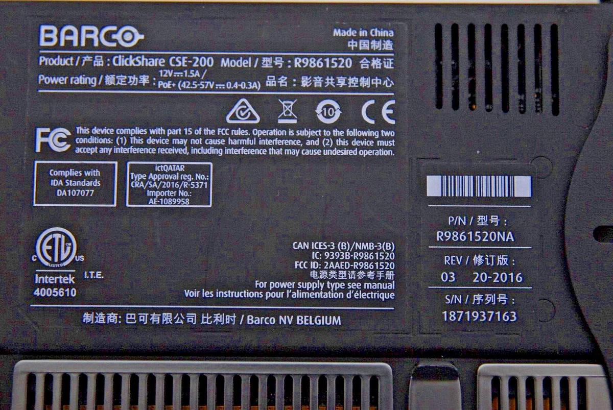 Used Barco ClickShare CSE-200 R9861520 W/ 4 Buttons, Button Holder, Power Adapter