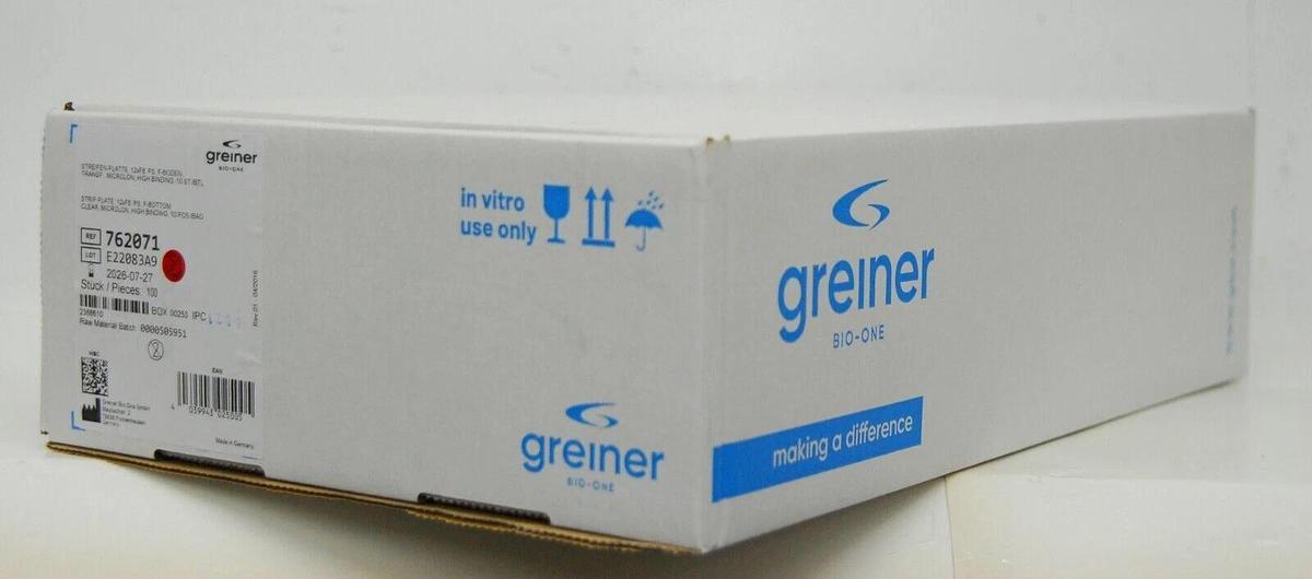 Used Greiner 762071 Strip Plate 12xF8 PS F-BOTTOM CLEAR MICROLON HIGH BINDING 100ct