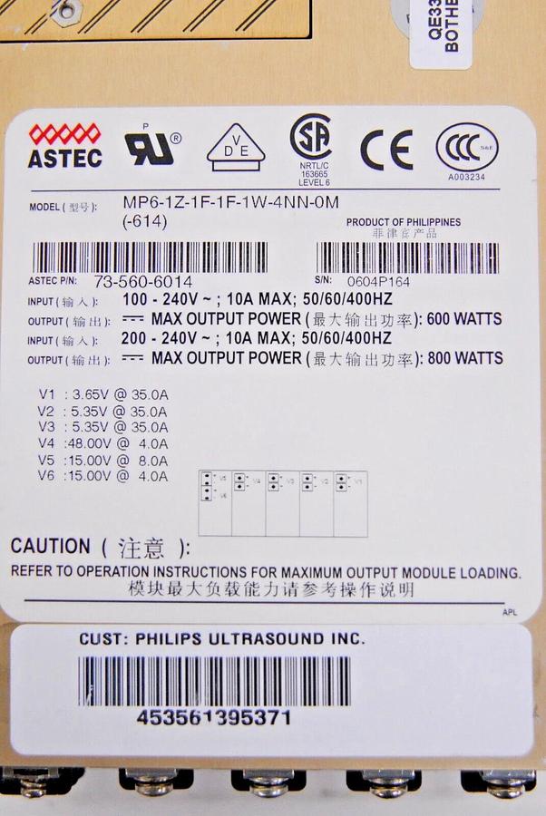 Used ASTEC MP6-1Z-1F-1W-4NN-0M (-614) Philips 453561395371 Power Supply (iU22/iE33)