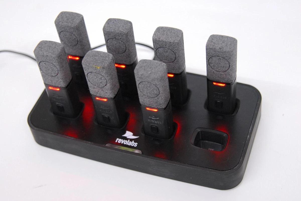 Used Revolabs 02-08HDCHG-C Charging Base W/ 7x 01-HDTBLMIC-OM-11 Microphones