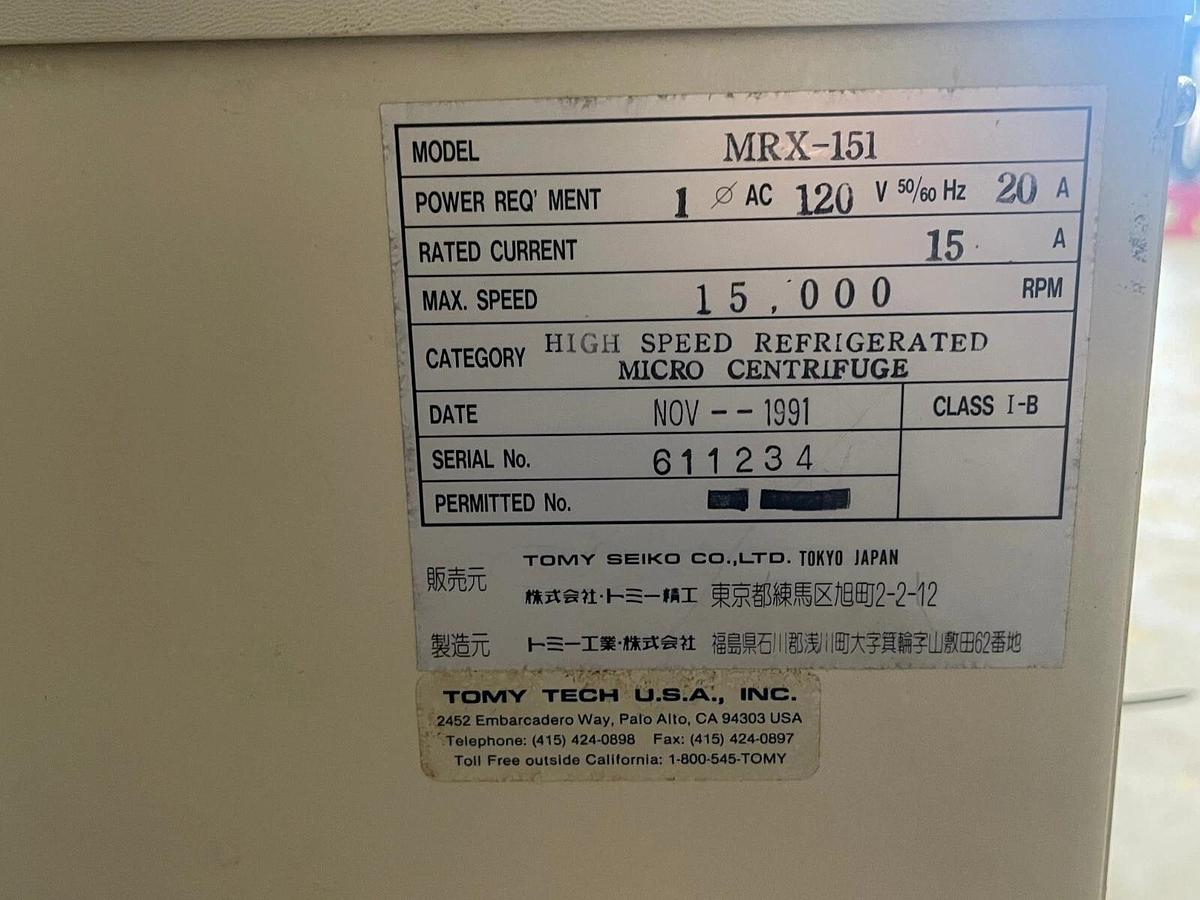 Used Tomy Seiko MRX-151 High Speed Micro Refrigerated Centrifuge W/ Tomy TMA-11 Rotor
