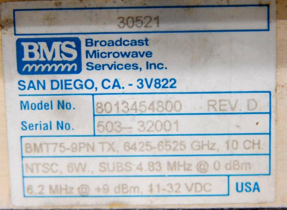 Used Broadcast Microwave Services BMS BMT75-9PN 6.425-6.525 GHz Transmitter W/ Manual