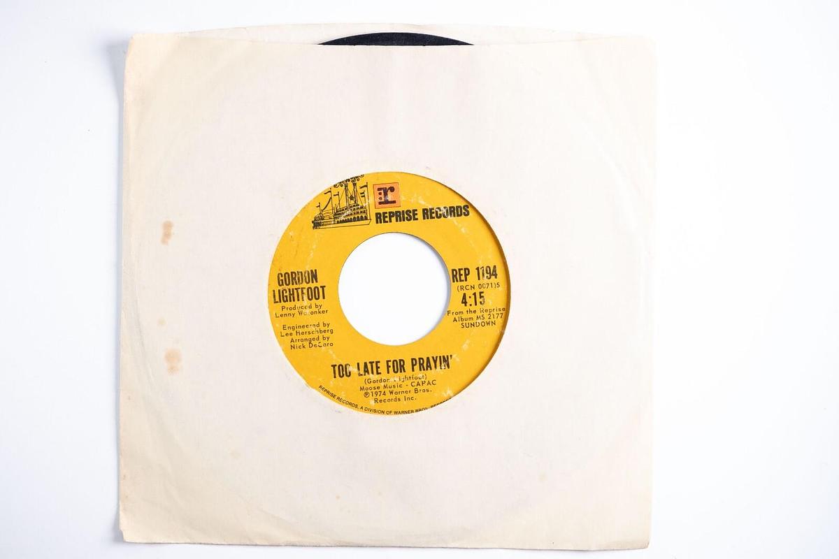 Used Gordon Lightfoot Sundown, Too Late For Prayin'' 45 Record
