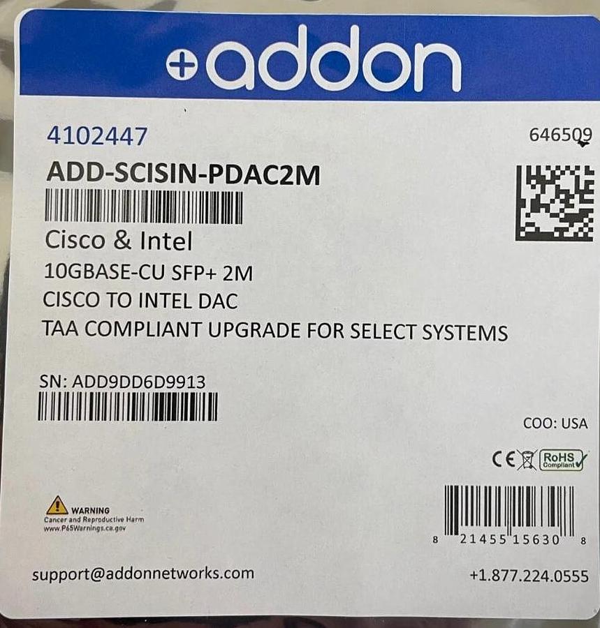 AddOn 4102447 ADD-SCISIN-PDAC2M Cisco to Intel 10G SFP+ DAC Twinax Cable 2m