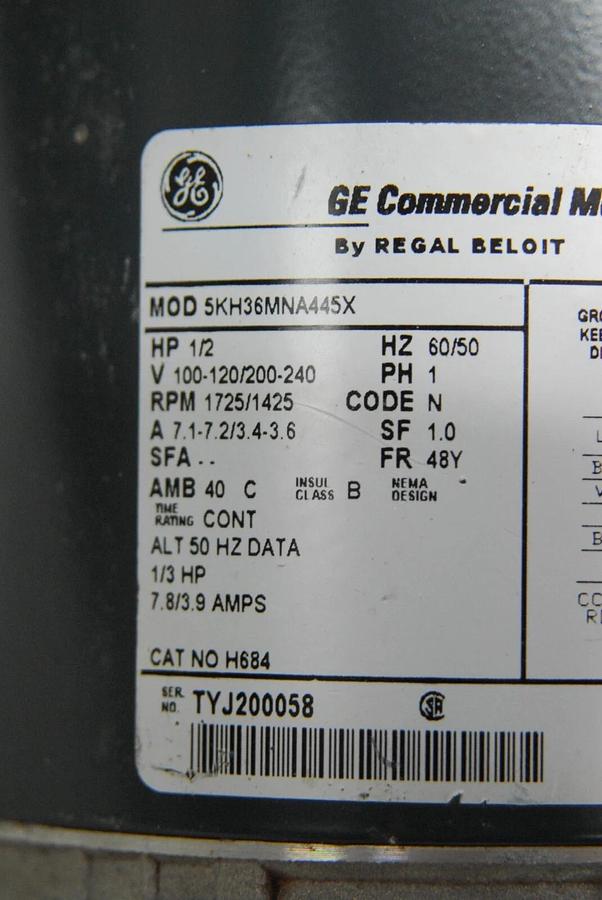 Used GE H684 5KH36MNA445AX Motor 1/2 HP 1725 Rpm 100-120/200-240 V 48Y