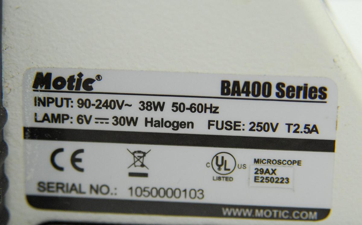 Used Motic BA400 Trinocular Phase Contrast Microscope W/ Plan 10/20/40/100 Objectives