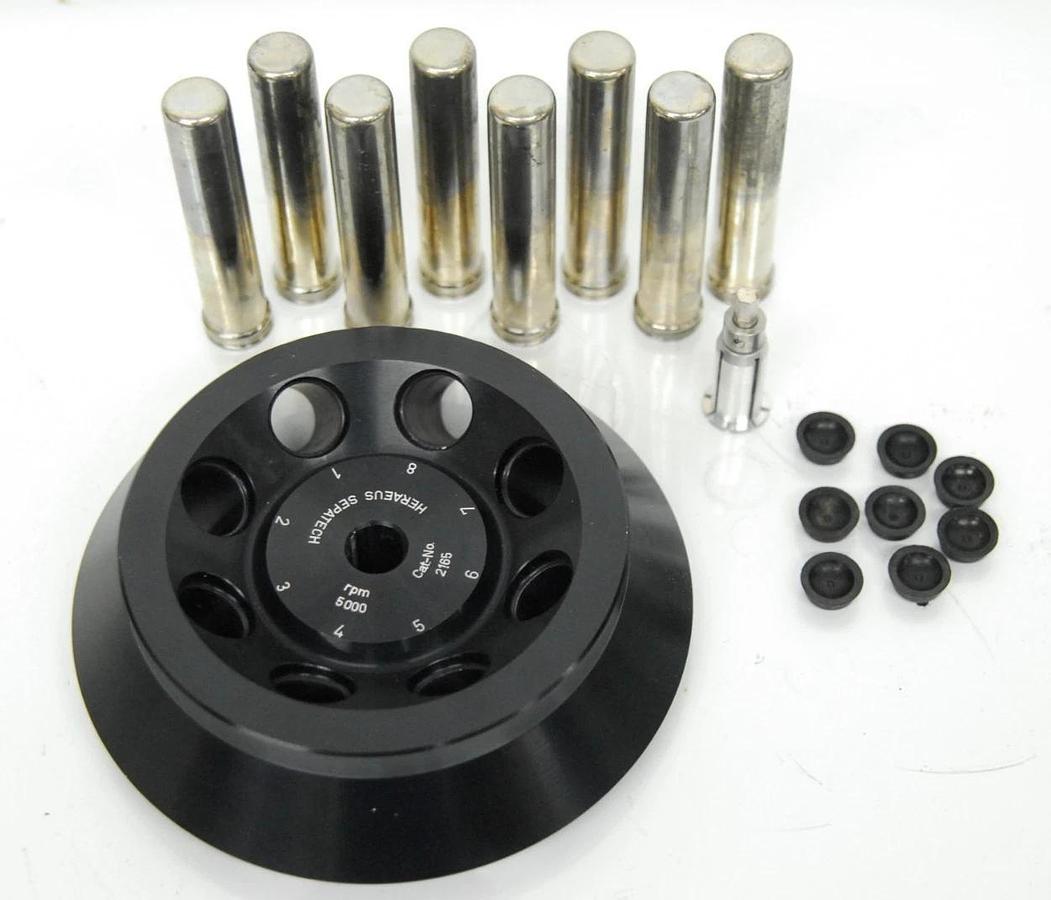 Used Heraeus Sepatech 2165 Fixed Angle 5000 RPM Centrifuge Rotor W/ Tubes