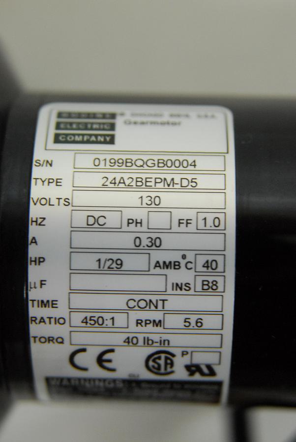 Used Bodine 0199 24A2BEPM-D5 1/29 HP 450:1 Parallel Shaft DC Gearmotor