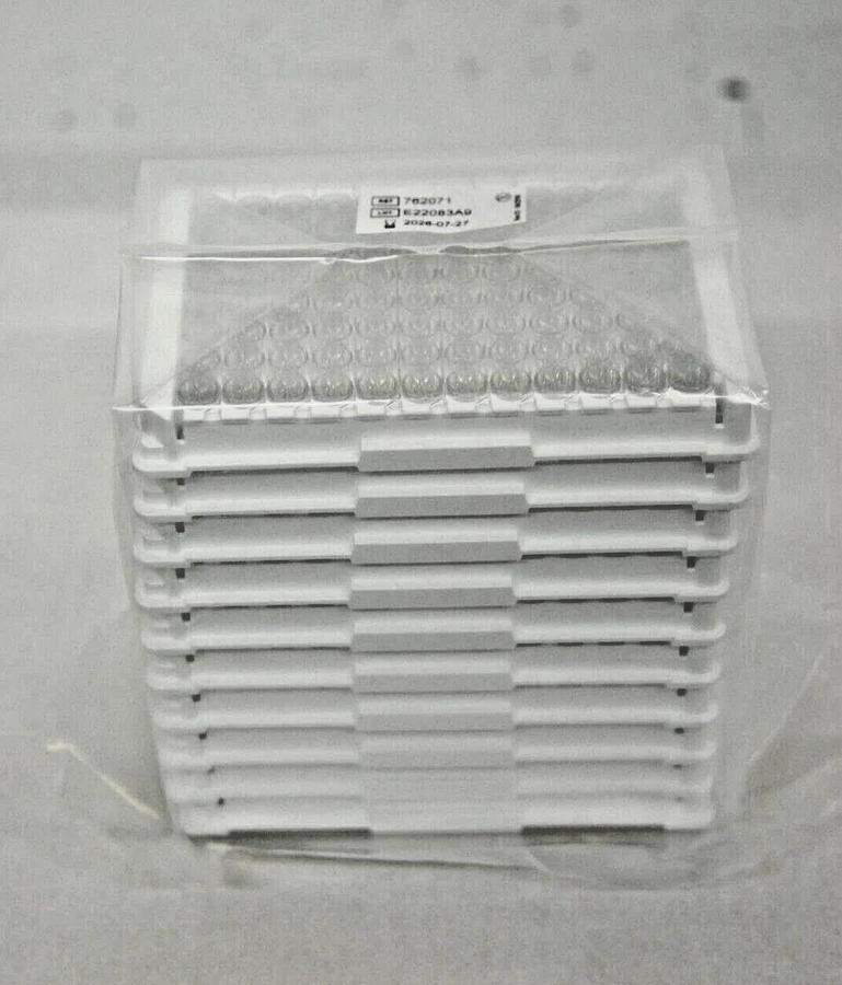 Used Greiner 762071 Strip Plate 12xF8 PS F-BOTTOM CLEAR MICROLON HIGH BINDING 10Pc