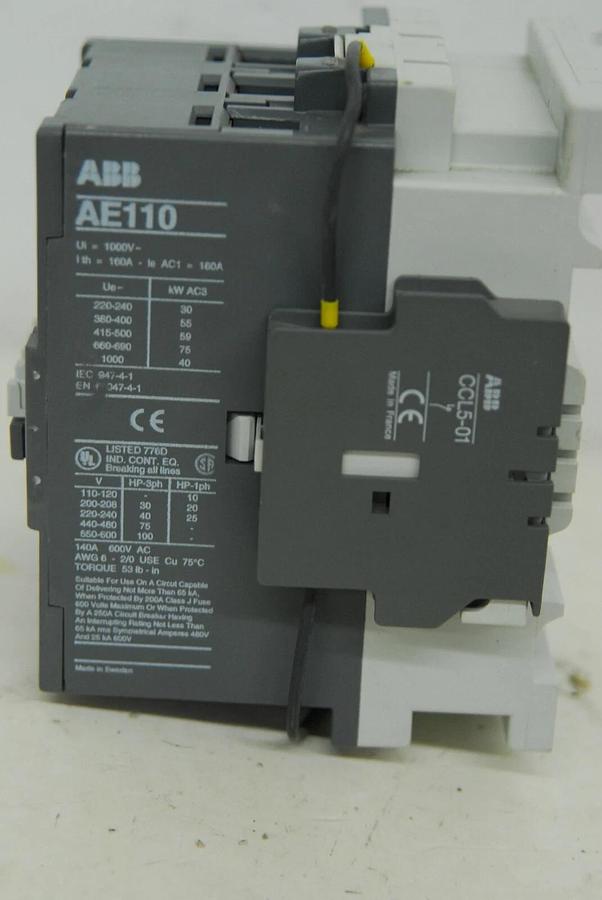 Used ABB AE110-30 Non-Reversing Three Phase Contactor W/ ABB CCL5-01 Auxiliary