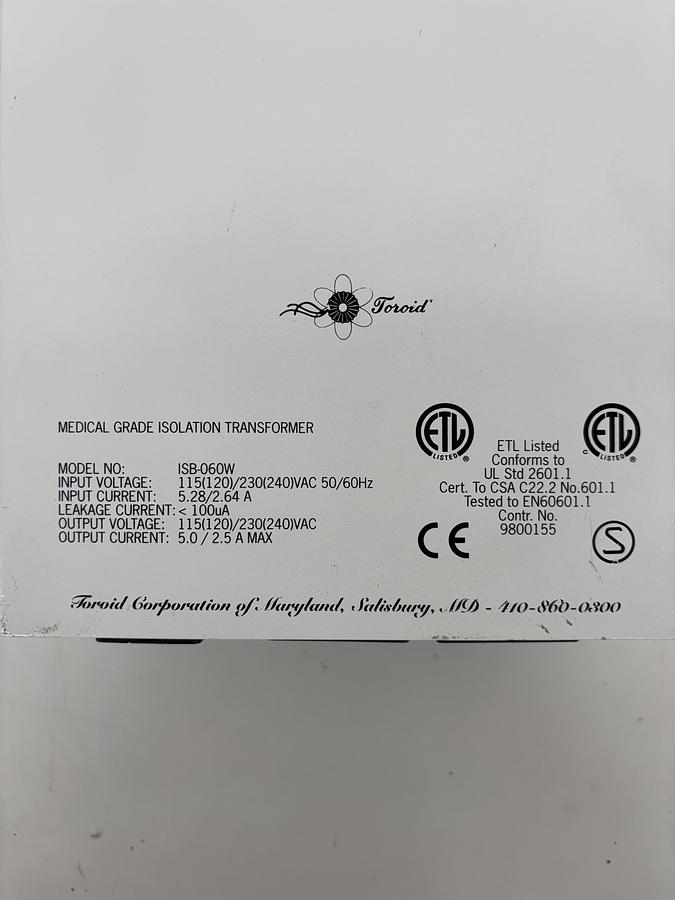 Used Toroid ISB-060W 6-Outlet Medical Grade Isolation Transformer 120/240VAC Output