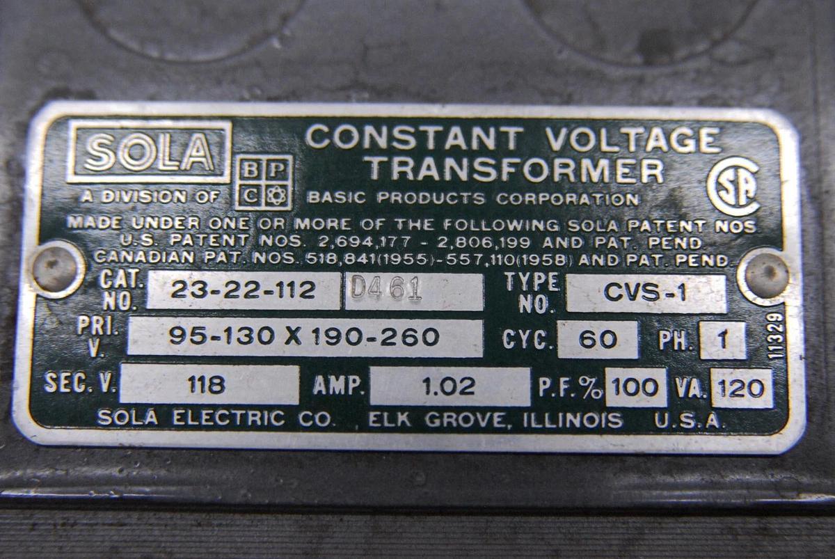 Used Sola 23-22-112 Constant Voltage Transformer Type CVS-1