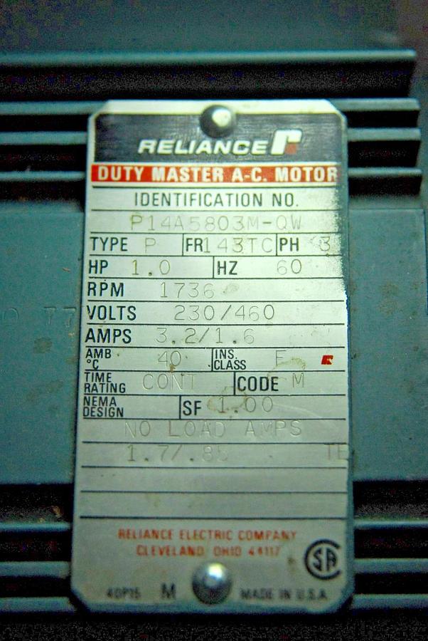 Used Reliance P14A5803M-QW Duty Master AC Motor 3-Phase 230/460VAC 1HP 1736RPM