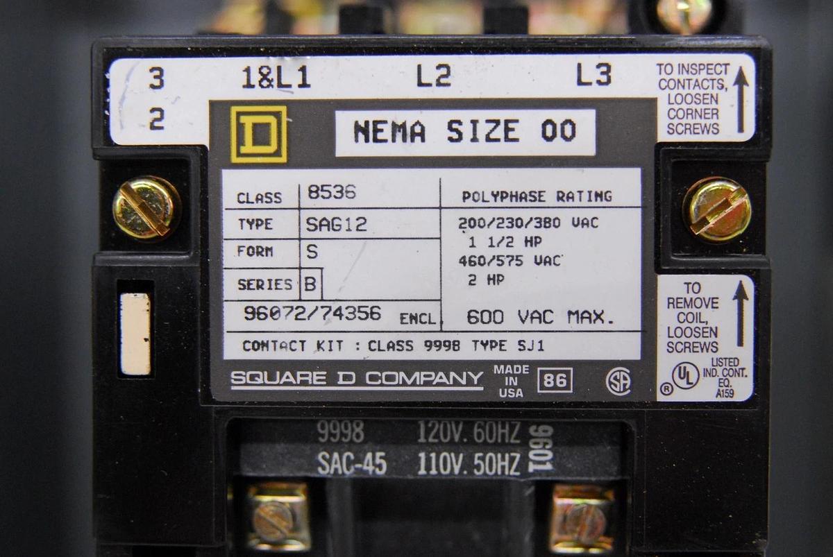 Used Square D Company 8536-SAG12 NEMA Size 00 Non-Reversing Magnetic Motor Starter