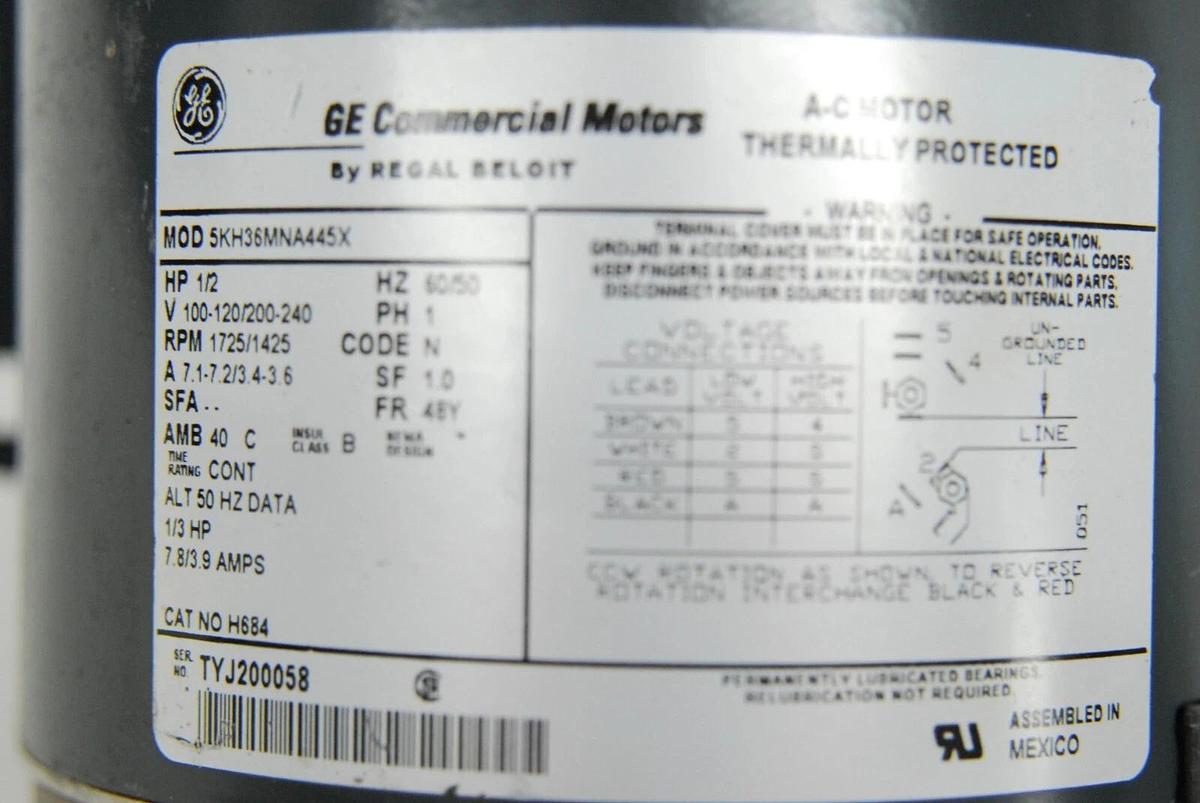 Used GE H684 5KH36MNA445AX Motor 1/2 HP 1725 Rpm 100-120/200-240 V 48Y