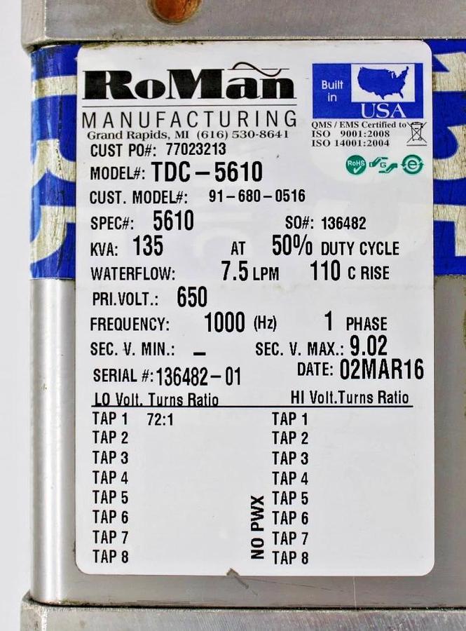 Used RoMan TDC-5610 Robot Welding Transformer MFDC Power Supply 135kva 650V 1PH 2GPM