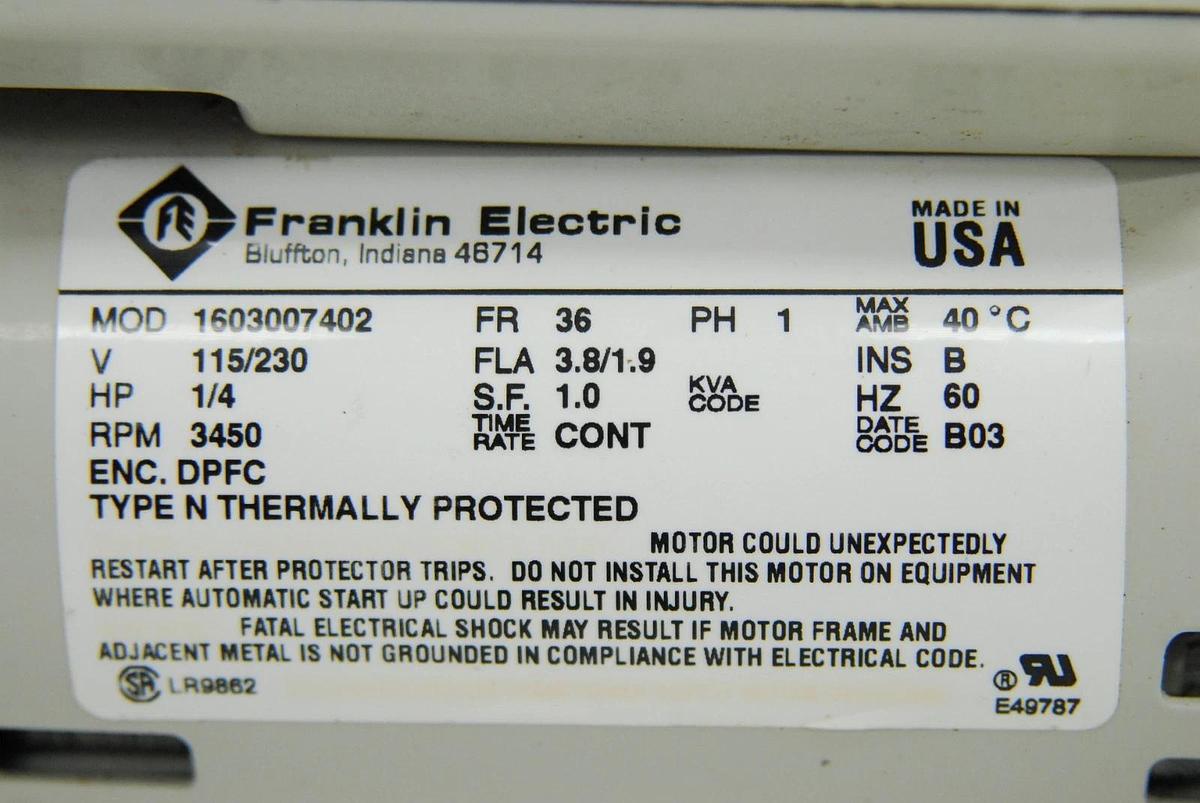 Used Franklin Electric 1603007402 1/4HP 1PH Electric Motor (Welch GEM 1.0)