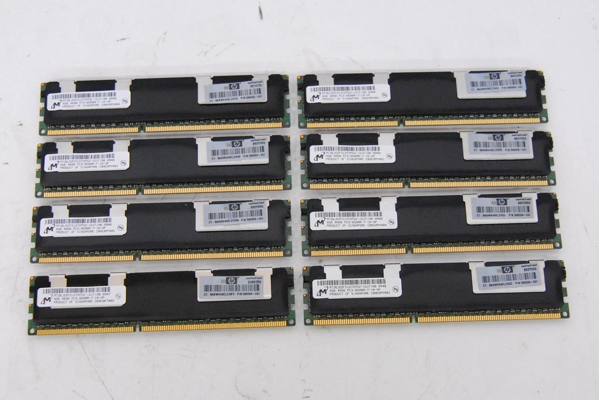 Used Micron 32GB (8x4GB) MT36JSZF51272PDZ-1G1F1AB 4GB 4Rx8 PC3-8500R (500204-061)