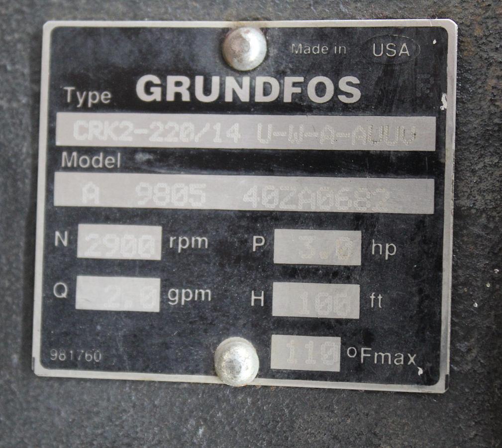 Used Grundfos Vertical Pump CRK2-220/14 U-W-A-AUUV, 3 HP, 2900 RPM, 2.0 GPM