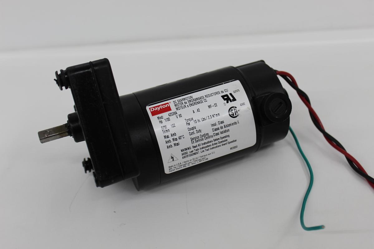 Used Dayton 4Z539A Permanent Magnet DC Gearmotor 1/30 HP 90V 0.42A 102 RPM